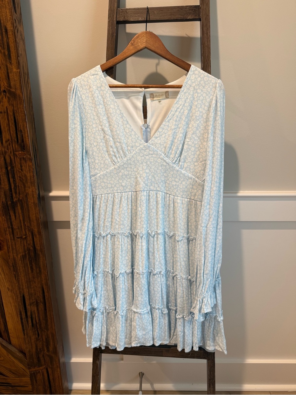 Altar'd State Pale Blue Floral Tiered V-Neck Long Sleeve Dress